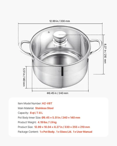 Vista 7 de VEVOR Olla de acero inoxidable, olla de acero inoxidable de 8 cuartos con tapa de vidrio, sin PFOA, sin PFAS, compatible con estufas de gas, cocinas