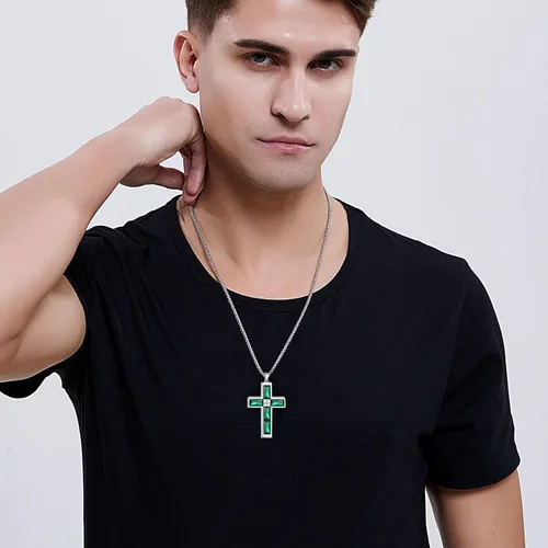 Vista 51 de Collar de cruz para hombre, piedras preciosas de color piedra natal de circonita cúbica, collar de acero inoxidable para hombre, cadena de 24