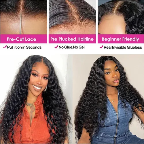 Vista 4 de Pelucas de cabello humano rizado con ondas profundas de 5 x 5 HD, sin pegamento, precortadas, con encaje frontal, para mujeres negras, color negro