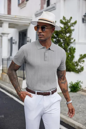 Vista 25 de COOFANDY Camisas polo de punto para hombre de manga corta con textura acanalada Camisas de golf casuales y ligeras con cuello Camiseta de polo
