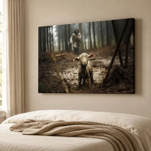 Vista 27 de Arte de pared en lienzo de Jesús y Cordero, Arte de pared en lienzo de Jesús abrazando a un cordero fangoso, Arte de pared cristiano para decoración