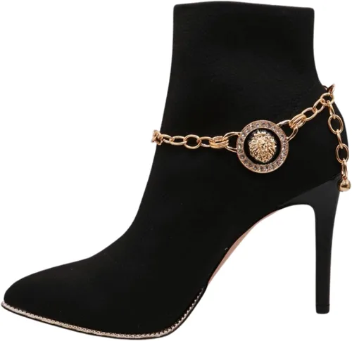 Vista 3 de Trendy Fashion Jewelry Cadena de bota occidental para mujer, pulsera de metal dorado, tobillera de tacón alto, moneda de león, medallón con dije