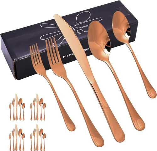 Vista 14 de Juego de cubiertos de acero inoxidable, juego de vajilla de 20 piezas, elegante cuchillo, tenedor, cuchara, cubiertos, servicio para 4 (dorado)