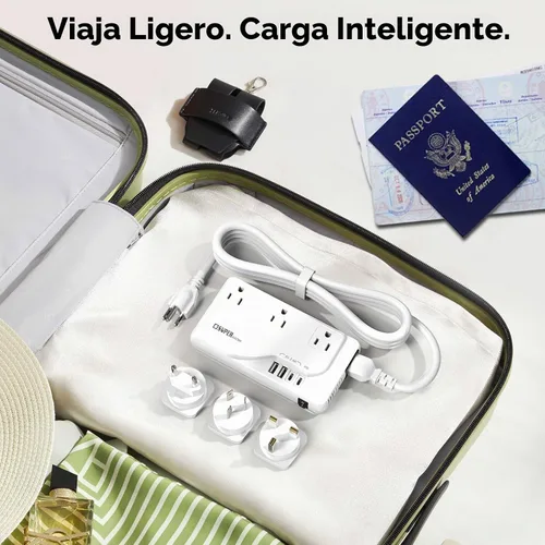 Vista 4 de Convertidor de voltaje de 220 V a 110 V, adaptador de viaje internacional con 4 cargadores USB (2 USB C), 3 enchufes de CA y adaptador de corriente