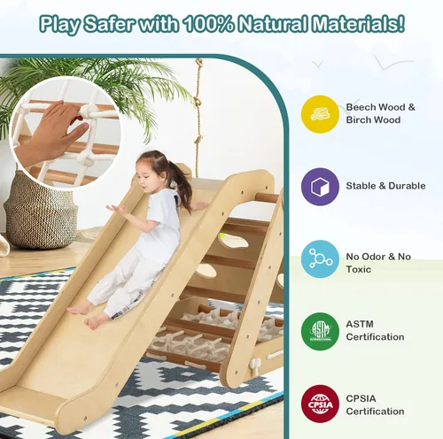 Vista 3 de Costzon Juguete de escalada 4 en 1 para niños pequeños, trepador de triángulo de madera Montessori de 3 lados con rampa deslizante, red de escalada