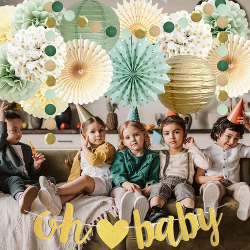 Vista 4 de Decoraciones de baby shower verde salvia Oh Baby Banner de papel de seda, pompones de flores, abanicos de papel, guirnalda de puntos circulares
