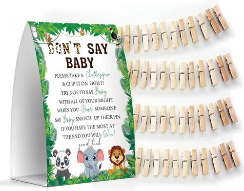 Vista 17 de Juego de texto en inglés "Don't Say Baby", un letrero de 5 x 7 pulgadas y 50 mini pinzas para la ropa, juegos de baby shower, decoración de baby