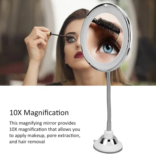 Vista 6 de Espejo de aumento giratorio de 360°, funciona con pilas, aumento de 10X, flexible, inalámbrico, cuello de ganso, luz de relleno LED, ventosa, cuello