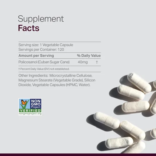 Vista 2 de Suplemento de policosanol – Niveles de lípidos saludables, función plaquetaria y circulación, caña de azúcar de origen cubano, 40 mg por porción