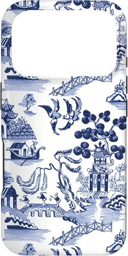 Vista 29 de iPhone 14 Pro Preppy Azul y Blanco Willow Patrón Chinoiserie Toile Case