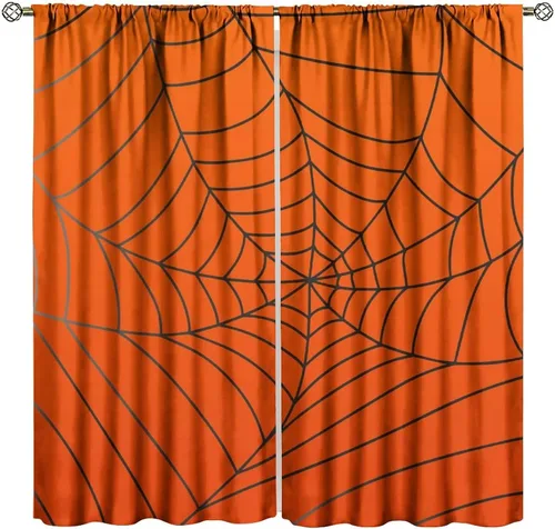 Vista 41 de Cortinas opacas de tela de araña aterradora para niños, tela de araña en blanco y negro, fondo rojo, dormitorio de niños, guardería, decoración