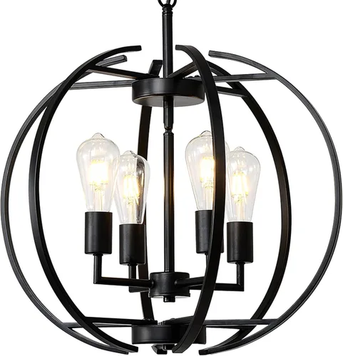 Vista 12 de Lámpara de araña negra con vidrio transparente para comedor, iluminación colgante de granja, lámpara de techo de globo de 4 luces