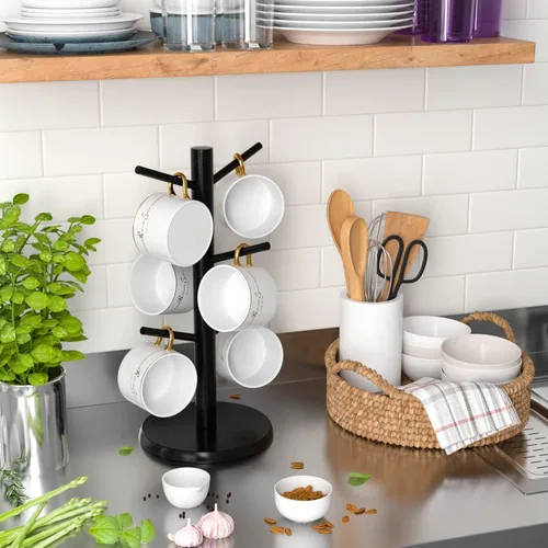 Vista 2 de Wisuce Árbol de taza de café negro, base gruesa de bambú actualizada, soporte para taza de café con 6 ganchos para soporte organizador de tazas