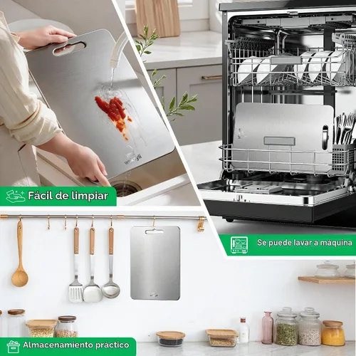 Vista 4 de Juego de 3 tablas de cortar de titanio 100% puro para cocina, tablas de cortar de titanio de doble cara, áreas separadas de alimentos crudos