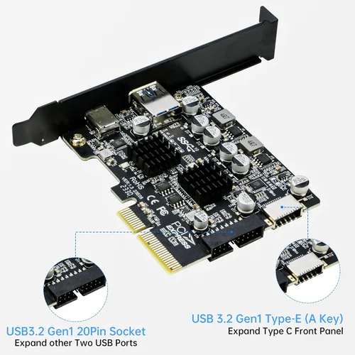 Vista 4 de Tarjeta PCIe USB 3.1, adaptador RIITOP PCI-e 3.0 x4 a USB 3.2 Gen2 (10Gbps) se expande a 20 pines + tipo E + 1 USB 3.0 + 1 USB C