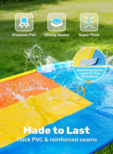 Vista 5 de Sloosh Tobogán acuático triple para césped de 22.5 x 82 pulgadas, agua de césped resistente con 3 tablas de cuerpo y rociador deslizante para niños
