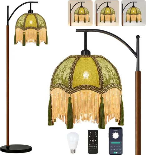 Vista 11 de Lámpara de pie de arco para sala de estar con control remoto, lámparas de pie bohemias de granja con 3 temperaturas de color, lámpara de pie rústica