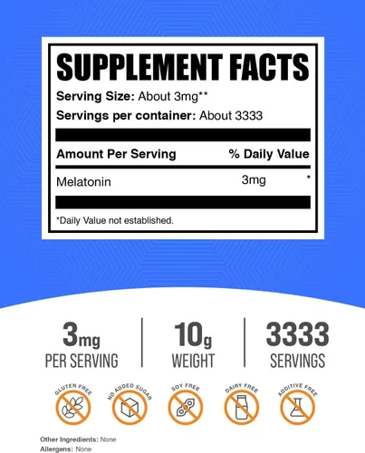 Vista 2 de BulkSupplements.com Melatonina en Polvo - Melatonina Pura, Ayuda para Dormir para Adultos - Vegana y Sin Gluten, 3mg por Porción, 10g (0.35 oz)