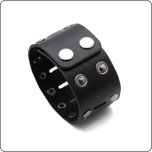 Vista 6 de Pulsera de cuero ancho hueco de doble fila de remaches punk rock