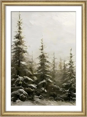 Vista 296 de MUDECOR Lienzo enmarcado prémium para pared, pinos nevados en bosque de invierno, ilustraciones modernas, arte contemporáneo, escénico, divertido