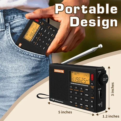 Vista 2 de XHDATA R108 Radio Portátil AM/FM/SW/LW/Airband Receptor de Onda Corta Radio Operado por Batería con Buena Recepción, Excelente Sonido Altavoz