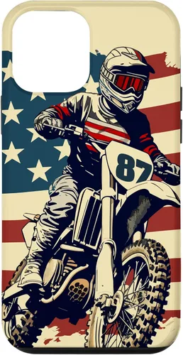 Vista 16 de Funda vintage para iPhone 16 Motocross Rider Dirt Bike con bandera estadounidense