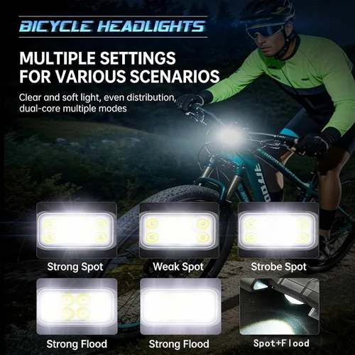 Vista 4 de Nuevas luces LED para bicicleta recargables, faro de bicicleta súper brillante, 6 modos tipo C recargable para bicicleta, luces impermeables