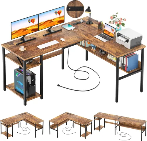 Vista 11 de Unikito Escritorio reversible en forma de L con tomas de corriente mágicas y puertos de carga USB, escritorio de esquina para computadora resistente