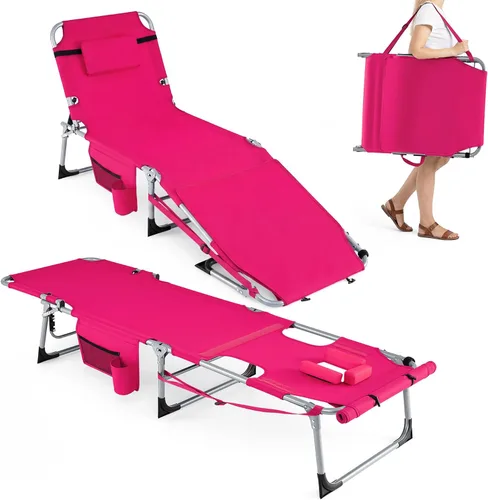 Vista 16 de Giantex Silla bronceadora, silla de playa de 330 libras con 5 posiciones ajustables, agujero para cara y brazo, correa para manos/hombros, almohada
