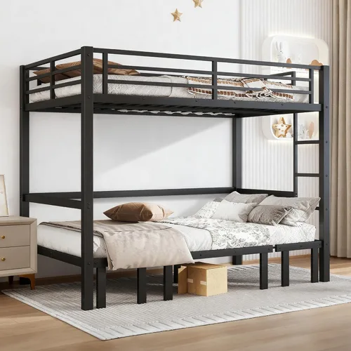 Vista 19 de Cama tipo loft de tamaño matrimonial con escaleras de almacenamiento integradas, armario, marco de cama alta de metal con barandilla lateral