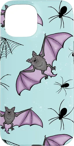 Vista 6 de iPhone 16 lindo vampiro murciélago decoración de Halloween para niñas púrpura y menta caso