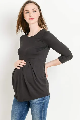 Vista 16 de LaClef - Blusa de maternidad para mujer, cuello redondo, manga 3/4, plisada al frente, estilo peplum