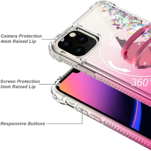 Vista 7 de Bling Moving Liquid Floating - Carcasa para iPhone 11 con soporte, color rosa Corazón brillante, TPU, cascada en movimiento, anillo de rotación