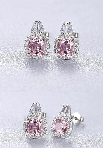 Vista 3 de Anillo de plata de ley 925 con circonita cúbica y halo de morganita simulada para mujer, circonita cúbica, corte cuadrado, piedra preciosa rosa nano
