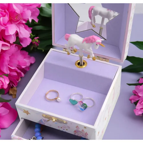 Vista 6 de Jewelkeeper Joyero para niñas con 1 cajón, joyeros musicales de unicornio para fiestas, hermosa melodía soñadora y muñeca de unicornio giratoria