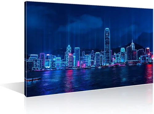 Vista 20 de 1 panel de cuadros de la ciudad de Cyberpunk, arte de pared, representación de vallas publicitarias, edificios modernos en la capital con obras