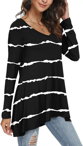 Vista 2 de POPYOUNG Blusa casual de manga larga para mujer, para usar con leggings, cuello en V, estilo casual