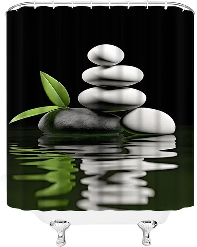 Vista 3 de Cortina de ducha pequeña, spa con hojas de piedra de agua, jardín, japonés, asiático, naturaleza, negro, blanco, verde, RV, baño, decoración