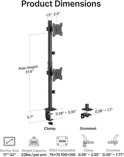 Vista 9 de monTEK Soporte Vertical Estable para Dos Monitores, Soporte de Escritorio Apilado para Dos Pantallas de 17-32 Pulgadas, Brazo de Movimiento Completo