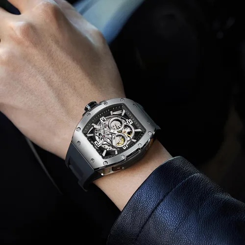Vista 2 de HEMUDU Tonneau - Reloj mecánico automático para hombre, esqueleto de lujo, 50M, impermeable, ajustable, correa de silicona, reloj de negocios