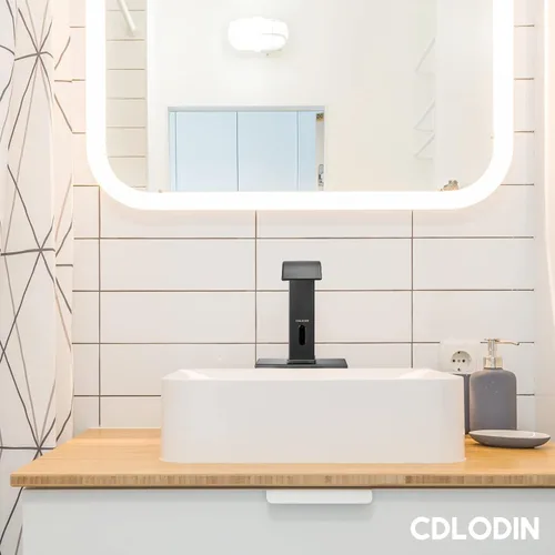 Vista 7 de Grifo de baño sin contacto, llave de cascada con sensor automático, lavabo moderno de acero inoxidable mate negro, llave de lavabo con sensor