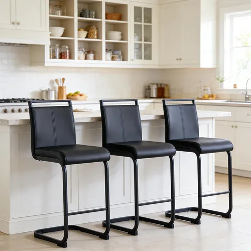 Vista 10 de gopop Juego de 2 taburetes de bar de altura de mostrador con respaldo, taburetes de cocina de cuero sintético negro con patas de metal recubierto