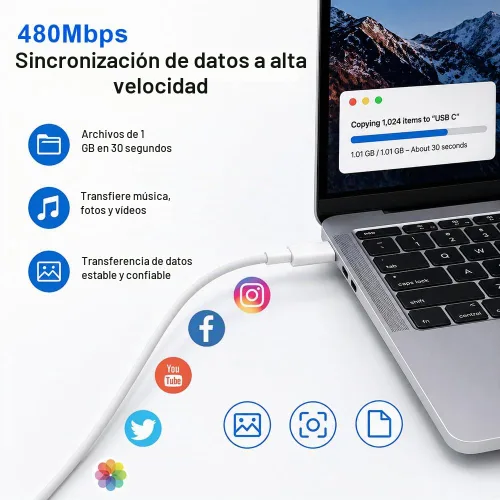 Vista 5 de Cable de carga USB C a USB C, cargador rápido de 60 W, paquete de 2 cables