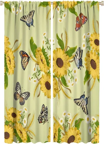 Vista 8 de Cortinas opacas de girasol, diseño natural, de granja, floral, con bolsillo para barra, para ventana, para dormitorio, sala de estar, 42 x 45