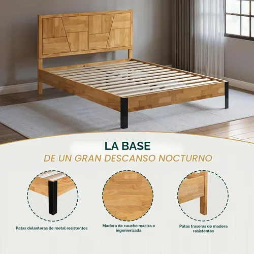 Vista 3 de Estructura de cama Queen en forma de trapecio de Bme – Cama moderna de madera maciza con cabecero de patrón suave, patas de metal negro, acabado