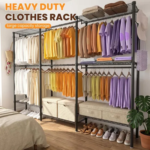 Vista 3 de Perchero de ropa resistente, perchero independiente para colgar ropa, perchero de metal ajustable con 6 varillas y 6 estantes, armario portátil