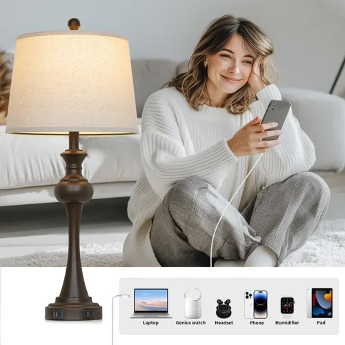 Vista 2 de CINSARY Lámpara de mesa marrón alta de 29", lámpara de noche con control táctil regulable en 3 vías con USB A+C y toma de corriente AC