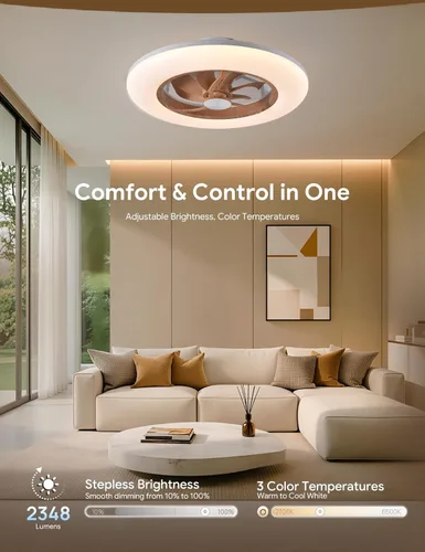 Vista 2 de Ventilador de Techo Orison con Luz - Ventilador de Techo Moderno de Montaje Empotrado Cerrado 57 cm LED Atenuable sin Aspas con Control Remoto