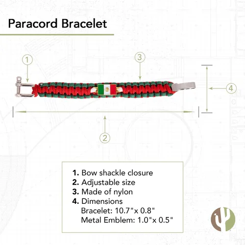 Vista 2 de Desert Cactus Pulsera de paracaídas con bandera de país rectangular de México, tamaño ajustable, para hombres y mujeres (paracord)