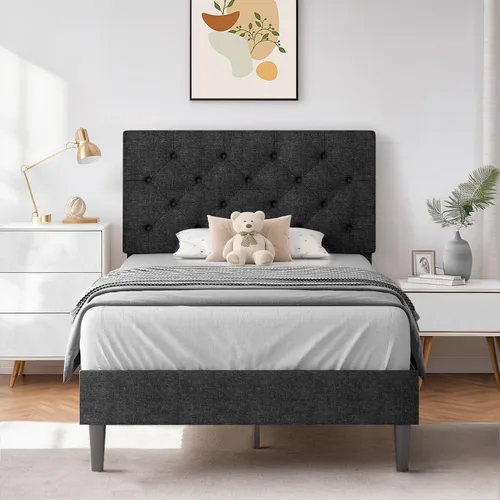 Vista 28 de HOMBCK Base de cama de tamaño individual con cabecera, base de cama tapizada con plataforma de lino para niños, base de cama de tamaño individual